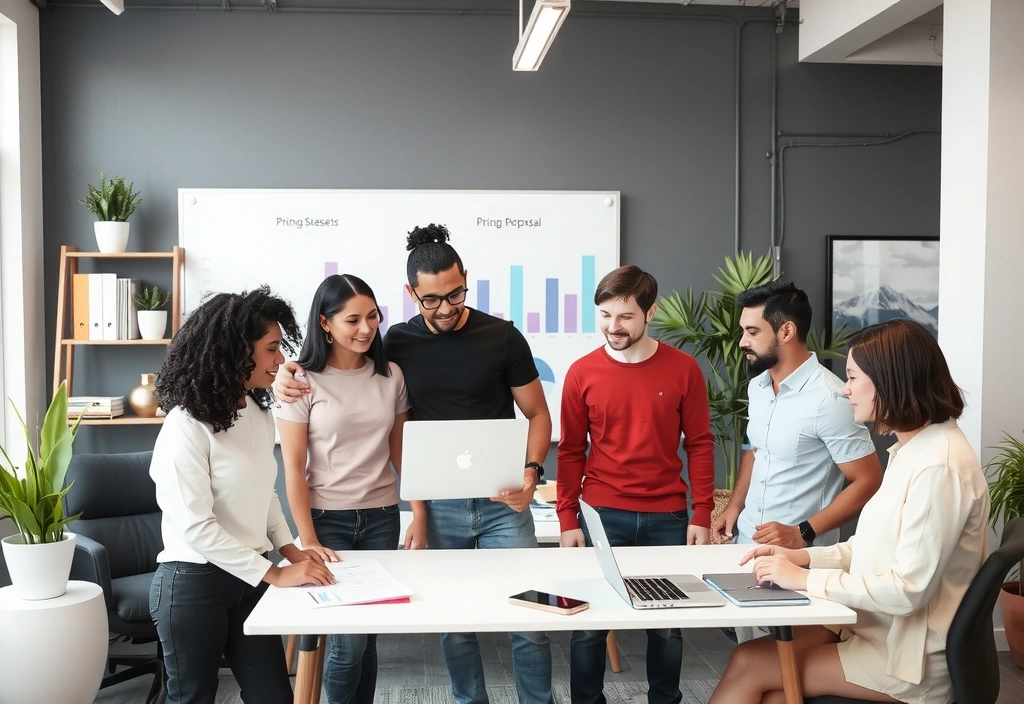 Ilustrace kreativního týmu diskutujícího o cenových nabídkách