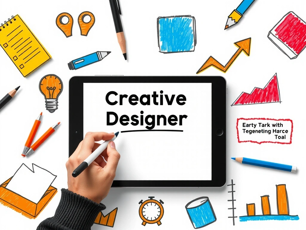 Kreativní designér pracuje na tabletu s digitálním perem, obklopený barevnými skicami a grafickými prvky, symbolizujícími proces tvorby.