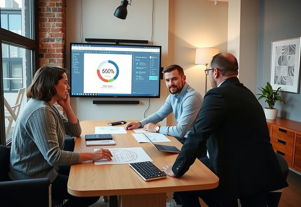 Tým studioline diskutuje u stolu s plány webových stránek