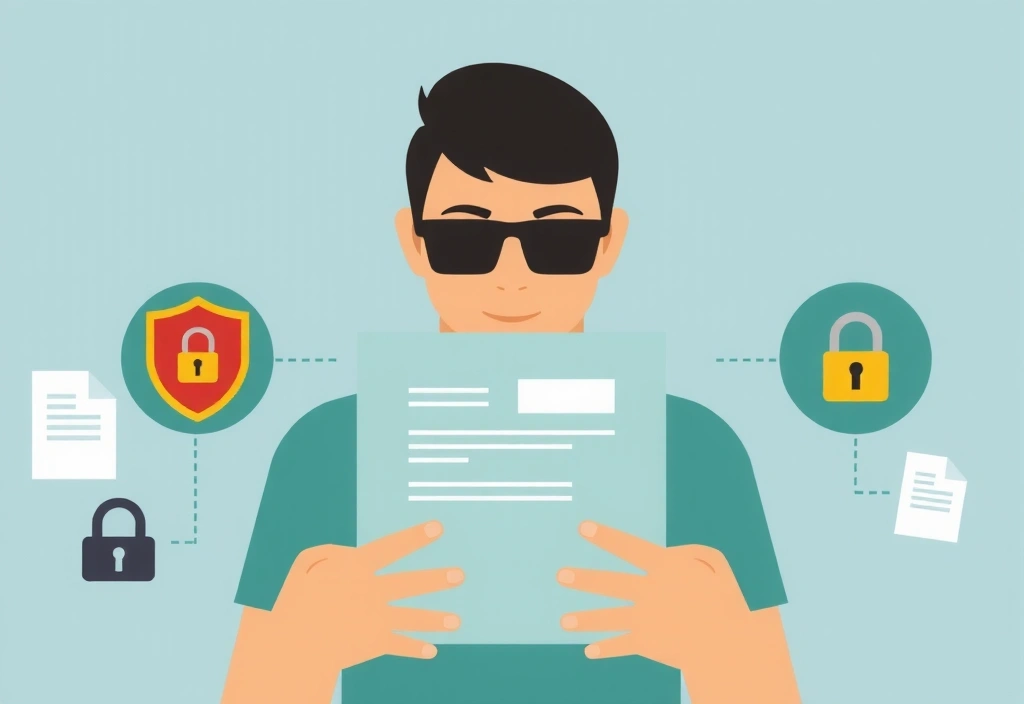 Osoba čtoucí dokumenty o ochraně dat s ikonami štítu a zámku symbolizujícími bezpečnost.