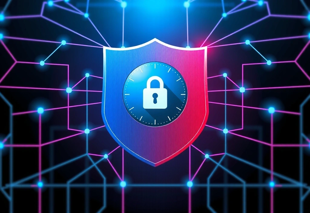 Štít s ikonou zámku uprostřed digitální sítě, symbolizující robustní ochranu dat a kybernetickou bezpečnost.